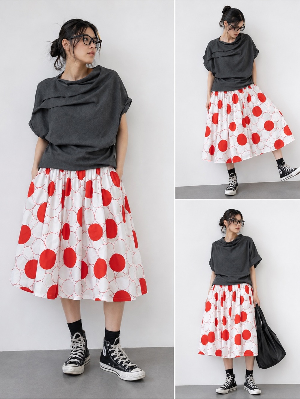 NWT Wendy Trendy Italy Big Bold Red White Polka Dot Full Midi Skirt